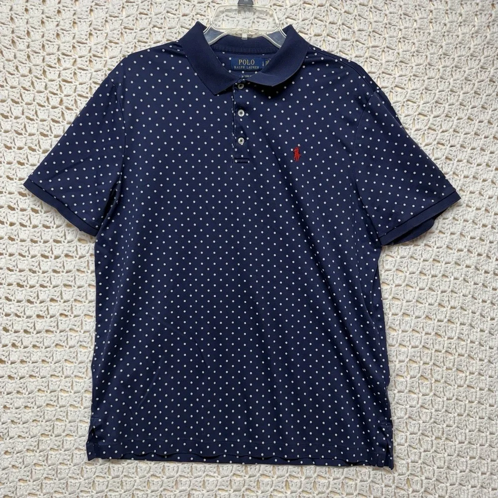 Ralph Lauren Polo Shirt Mens L Blue Dot Print Red Pony Short Sleeve 100% Cotton